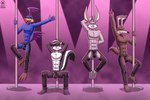 anthro biped bulge dancing detailed_bulge genital_outline group leather leather_chaps male male_anthro muscular penis_outline plantigrade pole pole_dancing shirtless_male strip_club thizorac loonatics_unleashed looney_tunes warner_brothers ace_bunny rev_runner tech_e._coyote avian bird canid canine canis coyote cuculiform lagomorph leporid mammal mephitid new_world_ground_cuckoo rabbit roadrunner skunk hi_res