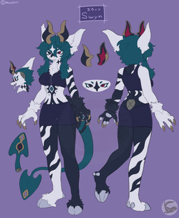 anthro black_eyes black_horn bottomwear claws clothing crop_top female finger_claws fur golden_claws hair heterochromia hooves horn open_mouth pawpads red_eyes shirt shorts solo spade_tail tail teal_hair tongue topwear unusual_anatomy unusual_horn white_body white_fur white_hooves white_pawpads white_tongue mochiri swyn absurd_res hi_res model_sheet