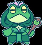 anthro breasts chibi cleavage clothed clothing female flower_on_head green_body green_skin holding_object hood_up non-mammal_breasts simple_background solo standing stick transparent_background screwroot fae_(screwroot) amphibian frog 2020 alpha_channel digital_media_(artwork) low_res