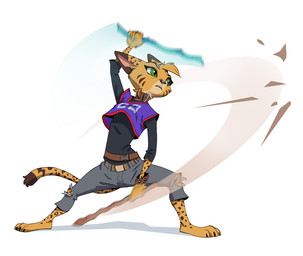 3_toes anthro arnis barefoot bottomwear bracelet clothing collar denim denim_bottomwear denim_clothing emanata facial_markings feet female fur green_eyes head_markings head_tuft holding_object holding_weapon jeans jersey jewelry long_sleeve_shirt long_tail markings motion_blur open_mouth pants pointy_ears pupils raised_arm shirt simple_background slit_pupils solo spots spotted_body spotted_fur striped_markings stripes tail text text_on_clothing toes topwear torn_bottomwear torn_clothing torn_jeans torn_pants tuft weapon yellow_body yellow_fur ruffu pepper_in_the_sandbox pepper_(ruffu) felid feline mammal serval digital_drawing_(artwork) digital_media_(artwork)