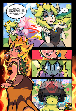 2_horns angry armband armwear attack big_breasts big_butt black_clothing black_dress blonde_hair blue_eyes blush_(makeup) bodily_fluids bracelet breasts butt butt_crush butt_slam butt_smother cleavage clothed clothing collar crossgender crown day dialogue dominant dominant_female dominant_humanoid dress duo ear_piercing elbow_gloves ellipsis eyeshadow facesitting female female/female fire fire_background fist flying_peach footwear gloves grin hair handwear headgear heart_symbol high_heels horn human_on_humanoid humanoidized interspecies jealous jewelry lidded_eyes light_body light_skin lipstick long_hair looking_at_another looking_back looking_back_at_another looking_down looking_down_at_another looking_up_at_another looming_over lying makeup mtf_crossgender narrowed_eyes on_back on_ground outside piercing pink_lipstick regret role_reversal scared sharp_teeth shell shoes sitting sitting_on_another smile smothering speech_bubble spiked_armband spiked_bracelet spiked_collar spiked_shell spikes spikes_(anatomy) submissive submissive_female submissive_human super_crown sweat sweatdrop sweaty_face talking_to_another teeth text the_end threatening wide_hips cheebsnsfw bowsette_meme mario_bros nintendo super_smash_bros. bowser princess_peach animal_humanoid horned_humanoid human humanoid koopa_humanoid mammal scalie scalie_humanoid 2018 comic digital_drawing_(artwork) digital_media_(artwork) english_text hi_res meme signature