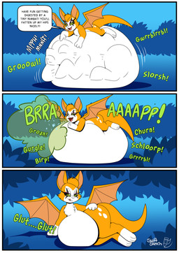 ambiguous_gender ambiguous_prey anthro back_wings belly big_ears blue_background burp_cloud burping chest_tuft churn countershade_belly countershade_face countershade_torso countershading death dialogue digestion_noises digestion_sequence expansion fangs fatal_vore female female_pred fur green_eyes gurgle_(sound_effect) head_tuft lying on_front on_side onomatopoeia orange_body orange_fur outside paws prey_outline rumbling_stomach simple_background size_difference smaller_pred smile solo sound_effects struggling struggling_prey tail talking_to_prey teeth text thigh_expansion tuft vore weight_gain white_body white_fur wide_hips wings swiftsketchpone dust:_an_elysian_tail fidget_(elysian_tail) bat mammal nimbat 2025 comic digital_drawing_(artwork) digital_media_(artwork) hi_res