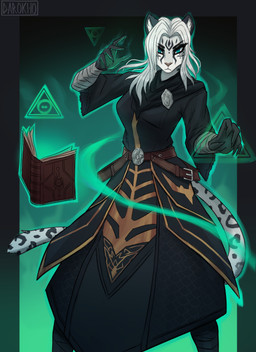 anthro black_clothing black_robe blue_eyes book clothing female fur robe solo white_body white_fur darokho microsoft the_elder_scrolls valera_shadowpaw cheetah felid feline khajiit mammal absurd_res hi_res