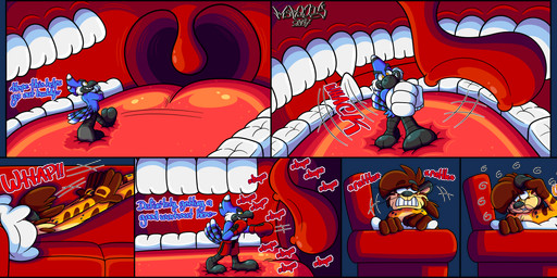 2_toes 4_fingers anthro big_feet big_tongue big_uvula cartoon_gloves cartoon_physics cheek_bulge dazed dizzy dizzy_eyes duo feet fingers furniture in_mouth inside_mouth male male/male mawplay pillow slapstick slapstick_humor sofa soft_vore soles tail text toes toony toony_moment uvula uvula_play vore whiskers wide_tongue marquis2007 aj_(marquis2007) chase_(marquis2007) avian bird blue_jay cheetah corvid felid feline hybrid jay_(bird) mammal new_world_jay oscine pantherine passerine tiger absurd_res alpha_channel comic english_text hi_res