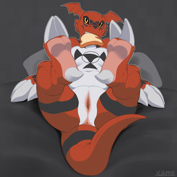 anus blush bread butt claw_fingers claw_toes claws cute_fangs fangs feet female feral food foot_focus genitals legs_up looking_at_viewer nude object_in_mouth paws presenting presenting_anus presenting_vulva semi-anthro smile soles solo teeth toe_claws vulva conditional_dnp scappo bandai_namco digimon digimon_(species) guilmon scalie 2019 digital_media_(artwork) hi_res