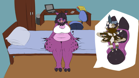 anthro bed bedroom bottomless chair clothed clothing computer desk detailed_background electronics feet female foot_fetish fur furniture inside laptop larger_female macro micro purple_body purple_fur size_difference table jigglyjuggle delphine_fay_(caliburman) lowen_(caliburman) arthropod insect lepidopteran mammal moth suid suine sus_(pig) wild_boar absurd_res hi_res