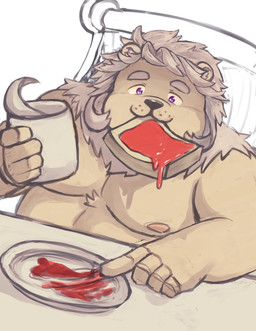 anthro bread clothed clothing container cup eating food fur male mane mug nipples overweight smile solo strawberry_jam tan_body tan_fur toast topless dagehot xxl_woofia leo_von_narcis felid lion mammal pantherine absurd_res hi_res