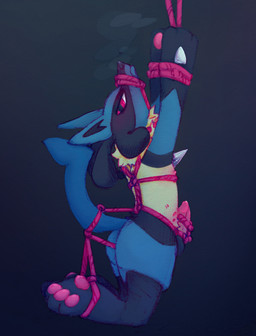 anthro arms_tied bdsm bent_legs blue_body bondage bound chest_spike erection genital_rope genitals grey_background hands_tied legs_tied looking_at_viewer male male_anthro muzzle_(object) muzzled nude_anthro nude_male pawpads penis penis_rope restraints rope rope_around_penis rope_bondage rope_harness rope_muzzle simple_background solo spikes spikes_(anatomy) suspension suspension_bondage kitdoll nintendo pokemon generation_4_pokemon lucario pokemon_(species) 2024 hi_res