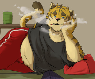 anthro blue_eyes bulge cigarette male overweight overweight_anthro overweight_male pink_nose smoke smoking solo felid mammal pantherine tiger 6:5 source_request