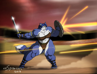 abs anthro armband belly biceps big_breasts big_muscles blue_body blue_fur breasts cleavage clothed clothing crown female fur headgear huge_breasts huge_muscles hyper hyper_muscles jewelry looking_at_viewer melee_weapon muscular muscular_anthro muscular_female shield solo stadium sword teeth thick_thighs tiara warrior weapon xxsparcoxx nintendo star_fox krystal_(star_fox) canid canine fox mammal 2017