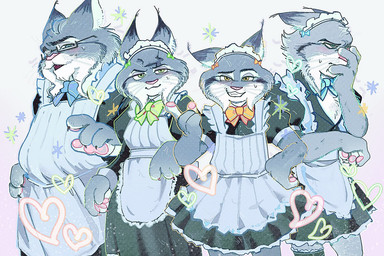 alternative_fashion anthro blue_bow_tie blush bow_tie clothed clothing embarrassed eyewear female fur glasses goth gothic_lolita green_bow_tie green_eyes group heart_symbol j-fashion lolita_(fashion) maid_uniform male simple_background uniform whiskers hjdoak disney zootopia cattrick_lynxley kitty_lynxley milton_lynxley pawbert_lynxley canada_lynx felid feline lynx mammal 2026 3:2 digital_media_(artwork) brother_(lore) brother_and_sister_(lore) daughter_(lore) father_(lore) father_and_child_(lore) father_and_daughter_(lore) father_and_son_(lore) parent_(lore) parent_and_child_(lore) parent_and_daughter_(lore) parent_and_son_(lore) sibling_(lore) sister_(lore) son_(lore)