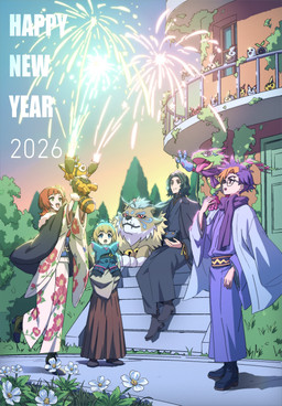 anthro asian_clothing black_body black_fur clothing east_asian_clothing eyewear female feral fireworks fur glasses green_body group japanese_clothing kimono male orange_body orange_fur sitting stairs tongue tongue_out dk_digimon bandai_namco digimon digimon_beatbreak new_year_2026 kyo_sawashiro makoto_kuonji reina_sakuya tomoro_tenma chiropmon cougarmon digimon_(species) gekkomon human mammal pristimon scalie absurd_res hi_res