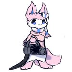 ambiguous_gender anthro anthrofied blue_eyes blue_sclera clothing fluffy fluffy_tail fur fur_markings gatling_gun gun holding_object holding_weapon machine_gun markings minigun pink_body pink_fur pokemorph ranged_weapon ribbons simple_background smile solo standing sweater tail topwear tuft weapon white_background white_body white_fur snoiifoxxo nintendo pokemon fan_character eeveelution generation_6_pokemon mammal pokemon_(species) sylveon 1:1 hi_res