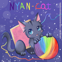 :3 ambiguous_gender ball_of_yarn blue_eyes blush blush_stickers deviantart_username fangs feral food fur grey_body grey_fur happy open_mouth paws purple_background raised_paw simple_background smile solo sparkles sparkling_background teeth text yarn sunshineikimaru nyan_cat_(copyright) pop-tarts nyan_cat felid feline mammal 1:1 2011 character_name dated meme