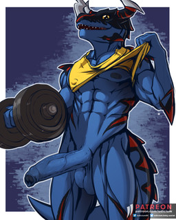 abs anthro balls bottomless clothed clothing clothing_lift dumbbell erection exercise foreskin genitals male muscular muscular_male nipples penis shirt shirt_lift solo text topwear weightlifting weights workout iudicium86 bandai_namco digimon digimon_(species) greymon_x x-digimon 4:5 hi_res url