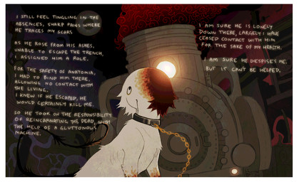 ambiguous_feral ambiguous_gender black_eyes black_tail bodily_fluids border bound chain chained collar detailed_background drooling eyeball feral fur grey_collar locomotive looking_up lore metal_collar roots saliva smoke solo split_color_body tail tan_body tan_fur text train vehicle white_border jejejunum ember_(jejejunum) deity fraid_(species) 2025 digital_drawing_(artwork) digital_media_(artwork) english_text hi_res male_(lore)