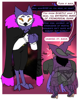 anthro cape clothing female footwear hat headgear headwear high_heels leggings legwear magic_user male nebula pumpkin_panties shoes size_difference smile text torn_clothing torn_leggings torn_legwear translucent translucent_clothing witch witch_hat potoobrigham lucius_(shocksauce) morgana_(shocksauce) avian bat bird mammal owl 2025 english_text hi_res