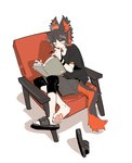 anthro barefoot black_hair book bottomwear chair clothing feet footwear furniture hair holding_book holding_object male pawpads sandals shirt shoes shorts simple_background sitting solo topwear white_background kuroblood arknights hypergryph studio_montagne aak_(arknights) felid mammal 2020