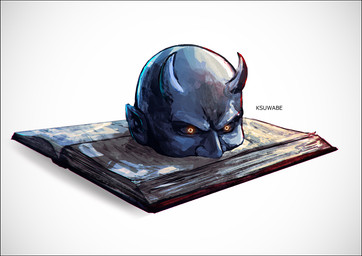 2_horns black_border black_sclera book border glowing glowing_eyes gradient_background horn not_furry open_book pointy_ears simple_background solo text white_background ksuwabe final_fantasy final_fantasy_v square_enix demon demon_humanoid horned_humanoid humanoid artist_name