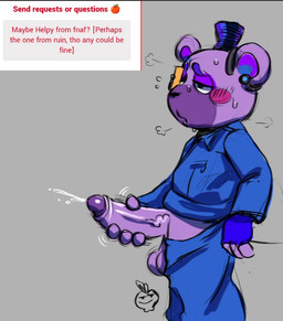 4_fingers anthro balls black_nose blue_bottomwear blue_clothing blue_pants blue_shirt blue_topwear blush blush_lines bodily_fluids bottomwear bottomwear_down breath breathing clothed clothing cum earpiece ejaculation eyebrows fingers fur genital_fluids genitals hat headgear headwear leaning leaning_on_counter looking_pleasured male masturbation motion_lines multicolored_body multicolored_fur open_mouth panting pants pants_down partially_clothed penis pink_body purple_body purple_eyebrows saggy_balls shirt simple_background solo standing strawpage_request stroking_penis sweat top_hat topwear vein veiny_penis apple_mortar_(artist) five_nights_at_freddy's scottgames strawpage helpy_(fnaf) bear mammal