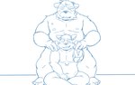 anthro belly duo eyes_closed kemono male male/male moobs navel nipples overweight overweight_male sitting size_difference oogamikennta canid canine canis domestic_dog mammal 16:10 2023 blue_and_white hi_res monochrome widescreen