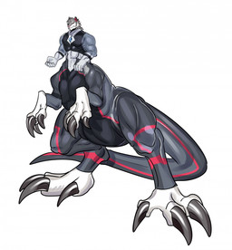 5_fingers big_claws big_muscles biped bipedal_taur claws clothed clothed_taur clothing countershade_torso countershading eyebrows finger_claws fingers fully_clothed fully_clothed_taur grey_body long_claws looking_at_viewer male muscular nipples pecs pink_claws pink_eyes pink_nose simple_background small_upper_body snaggle_tooth solo split_form standing toe_claws white_background white_body white_eyebrows hr7777 dinosaur mammal prehistoric_species reptile scalie taur 2023 digital_media_(artwork) full-length_portrait hi_res portrait shaded