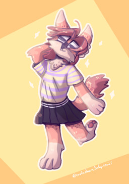 ambiguous_gender androgynous anthro bent_leg bottomwear clothing eyewear fluffy fluffy_tail fur glasses hair hand_behind_head medium_hair on_one_leg orange_body orange_fur orange_hair pattern_clothing pattern_shirt pattern_t-shirt pattern_topwear pawpads shirt simple_background skirt solo sparkles standing striped_clothing striped_shirt striped_t-shirt striped_topwear stripes t-shirt tail text topwear wearing_glasses beenz archie_(beenz) canid canine fox mammal 2026 absurd_res artist_name digital_drawing_(artwork) digital_media_(artwork) hi_res nonbinary_(lore)