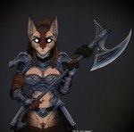 anthro armor axe battle_axe belly_piercing boots breasts brown_body brown_fur cleavage cleavage_cutout clothed clothing cutout dreadlocks ear_piercing ear_ring exposed_belly female footwear fur fur_clothing gauntlets gloves glowing glowing_eyes handwear holding_axe holding_object holding_weapon inner_ear_fluff pauldron piercing ring_piercing shoes simple_background solo steel_armor stern stern_look striped_body striped_fur stripes tuft vulva weapon wulfy-deacon microsoft the_elder_scrolls lkuita_(normalmoniker) draugr felid khajiit mammal absurd_res colored hi_res shaded