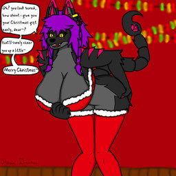 anthro bending big_breasts big_tail black_body black_fur black_sclera bra braided_hair breasts butt butt_grab christmas_clothing christmas_decorations christmas_lights cleavage clothed clothing ear_piercing ear_ring female fluffy fluffy_ears fur fur_markings gem hair hand_on_butt holiday_message holidays horn jewelry legwear markings nipple_outline nipples_through_clothes piercing presenting presenting_breasts purple_hair ring_piercing short_hair short_horn small_horn smile smiling_at_viewer solo stinger stinger_tail suggestive suggestive_pose tail text thigh_highs underwear yellow_eyes reena_dreamer christmas iranian_mythology middle_eastern_mythology mythology reena_(reena_dreamer) canid canine demon felid hybrid mammal manticore 1:1 absurd_res english_text hi_res