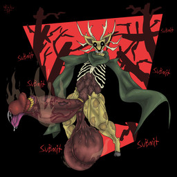 anthro antlers balls big_balls big_glans big_penis black_border black_nose black_sclera bodily_fluids body_horror border brown_body brown_fur cape chest_bone clothing creepy fur genital_fluids genitals glans green_cape green_clothing grotesque_genitals hooves horn huge_balls huge_penis humanoid_genitalia humanoid_penis hyper hyper_balls hyper_genitalia hyper_penis looking_at_viewer male musk penile_teeth penile_tongue penis penis_mouth plant raphe_(anatomy) red_sky rib_cage saggy_balls simple_background size_difference sky solo soul steam teeth thick_thighs tongue tree unusual_anatomy unusual_genitalia_placement unusual_penis_placement vein veiny_balls veiny_penis white_eyes wilelter spooky's_jump_scare_mansion specimen_8 deer mammal monster full-length_portrait portrait signature