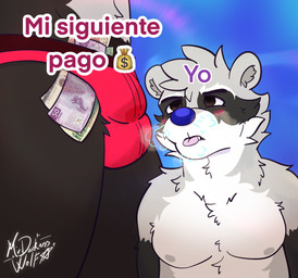 anthro bodily_fluids briefs bulge clothing duo enticing genital_fluids leaking_precum leaking_through_clothing male money money_in_underwear offering_money precum text underwear mrdarknesswolf dantalos roquemapache canid canine canis demon hybrid mammal procyonid raccoon wolf hi_res