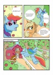 apple applejack_(mlp) blush clothing comic cowboy_hat cutie_mark dialogue earth_pony english_text equid equine feathered_wings feathers female fence feral flying food freckles friendship_is_magic fruit hair hasbro hat headgear headwear hi_res horse mammal monochrome my_little_pony mythological_creature mythological_equine mythology pegasus plant pony rainbow_dash_(mlp) rhk text tree wings wood