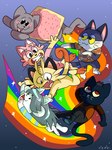 anthro clothed clothing food fur group hair rainbow rainbow_trail simple_background space topwear white_body moonietoonie animal_crossing night_in_the_woods nintendo nyan_cat_(copyright) pokemon pop-tarts undertale undertale_(series) mae_borowski nyan_cat punchy_(animal_crossing) temmie_(undertale) canid canine domestic_cat felid feline felis food_creature generation_1_pokemon hybrid mammal meowth pokemon_(species) poptart_creature tem 3:4 hi_res meme