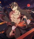 anthro biceps big_muscles city clothing eclipse fur kemono lunar_eclipse male melee_weapon muscular muscular_anthro muscular_male nipples pecs solo sword underwear weapon zixiong canid canine canis mammal wolf 2018 absurd_res digital_media_(artwork) hi_res