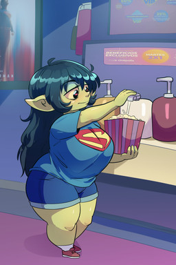 big_breasts black_eyes black_hair bottomwear breasts clothing female female_humanoid food footwear glistening glistening_hair green_body green_skin hair half-closed_eyes humanoid_pointy_ears ketchup long_hair mayonnaise messy_hair mustard narrowed_eyes pointy_ears popcorn pupils red_clothing red_footwear red_pupils shorts shortstack shortstack_female shortstack_humanoid solo standing text thick_thighs yellow_sclera 20pesos_sopa superman_(2025_film) superman_(series) mary_(20pesos_sopa) goblin humanoid absurd_res full-length_portrait hi_res portrait spanish_text
