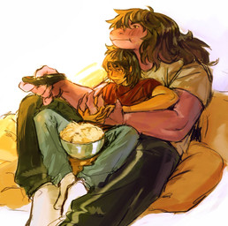 anthro brown_hair clothing duo female footwear hair male purple_body purple_skin red_clothing red_shirt red_topwear shirt sitting socks topwear tv_remote yellow_body yellow_skin colicolicolicoli deltarune undertale_(series) kris_dreemurr susie_(deltarune) human mammal scalie 2025 hi_res nonbinary_(lore)