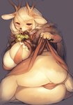 2016 anthro bedroom_eyes bell bell_collar big_breasts black_nose blush bottomwear bra breasts butt cleavage clothed clothing clothing_lift collar deer digital_media_(artwork) eyelashes female fur fur_coat hair half-closed_eyes horn huge_breasts kemono kishibe looking_at_viewer mammal narrowed_eyes new_world_deer open_mouth panties presenting red_eyes reindeer seductive simple_background skirt skirt_lift slightly_chubby smile solo thick_thighs underwear white_hair wide_hips