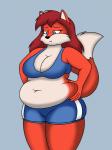 4_fingers anthro belly black_nose blue_eyes bottomwear bra clothed clothing female fingers hair navel obese obese_anthro obese_female overweight overweight_anthro overweight_female pouty simple_background solo thick_thighs underwear lordstormcaller canid canine fox mammal 3:4 animated short_playtime