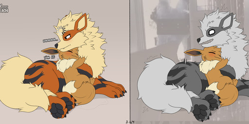 accidental_pedophilia blush bodily_fluids brown_body brown_fur dialogue duo feral fur hair open_mouth simple_background stated_age stated_young tail text whyvern fbi_open_up nintendo pokemon arcanine canid canine eevee generation_1_pokemon mammal pokemon_(species) 2025 absurd_res digital_media_(artwork) hi_res meme