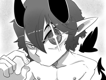 back_wings curved_horn half-closed_eyes horn humanoid_pointy_ears male narrowed_eyes pointy_ears solo spade_tail tail wide_eyed wings xing1 arlo_(xing1) demon demon_humanoid humanoid 4:3 greyscale hi_res monochrome