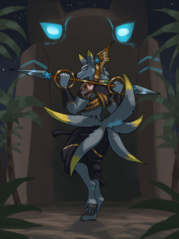 4_toes 5_fingers 5_tails anthro detailed_background feet fingers forest jungle looking_at_viewer looking_back looking_back_at_viewer male melee_weapon multi_tail night pawpads plant polearm sky solo spear star starry_sky tail toes tree tribal weapon 60percentscalie canid canine canis mammal wolf hi_res