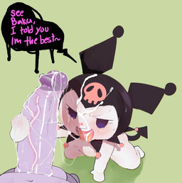 after_fellatio after_oral after_sex anthro big_penis black_clothing bodily_fluids clothing cum cum_on_face cum_on_penis cum_on_tongue dialogue female first_person_view genital_fluids genitals green_background kneeling kneeling_oral_position looking_at_another male male/female open_mouth penis saliva saliva_on_penis simple_background size_difference speech_bubble tears tears_of_pleasure text tongue white_body meweeze onegai_my_melody sanrio baku_(sanrio) kuromi demon lagomorph leporid mammal rabbit english_text hi_res