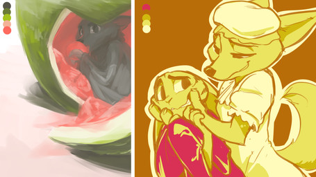 anthro bat_wings brown_background clothed clothing color_swatch duo eating facial_markings food forced_smile fruit fur fur_markings hat head_markings headgear headwear holding_object hood looking_at_viewer markings melon membrane_(anatomy) membranous_wings nude plant simple_background smile solo watermelon white_background wings ittybittykittytittys disney fairy_tales little_red_riding_hood_(copyright) zootopia deke_(ittybittykittytittys) fan_character jack_savage little_red_riding_hood skye_(zootopia) bat canid canine fox lagomorph leporid mammal megabat rabbit 16:9 2019 hi_res multiple_images widescreen