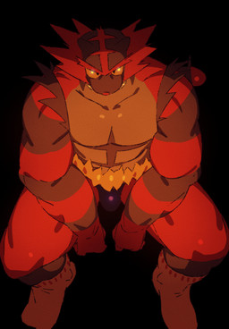 anthro biceps black_background bulge clothed clothing eye_contact footwear fur high-angle_view looking_at_another male mostly_nude muscular muscular_anthro muscular_male partially_clothed red_body simple_background sitting socks solo spandex striped_body striped_fur stripes tight_clothing yellow_sclera mmaj7 nintendo pokemon generation_7_pokemon incineroar pokemon_(species) 2025 digital_media_(artwork) hi_res warm_colors