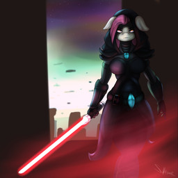 anthro clothed clothing dark female hair holding_object holding_weapon hood_up lightsaber looking_at_viewer melee_weapon pink_hair red_lightsaber robe solo weapon jamesjackobgermany friendship_is_magic hasbro my_little_pony star_wars mammal 1:1 absurd_res hi_res