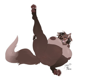 anthro areola belly big_belly big_breasts breasts brown_areola brown_body brown_fur brown_hair brown_nipples claws dreadlocks ear_piercing ear_ring eyelashes feet female fur genitals hair hair_over_eye hoop_ear_ring huge_breasts nipples nude one_eye_obstructed one_leg_up open_mouth pawpads piercing pregnant pregnant_anthro pregnant_female raised_leg ring_piercing sharp_teeth simple_background solo teeth vulva white_background lofiflavors yogoat sammy_(hugetime) canid canine canis domestic_dog mammal hi_res