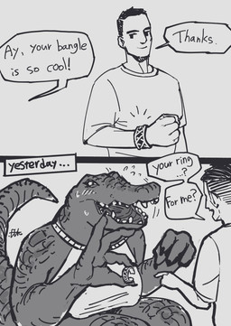 anthro bracelet breasts clothed clothing dialogue dress duo female fully_clothed human_on_anthro interspecies jewelry larger_anthro larger_female male male/female male_on_anthro marriage_proposal non-mammal_breasts sharp_teeth shirt size_difference smaller_male smile t-shirt teeth text topwear el-k crocodile crocodilian human mammal reptile scalie absurd_res comic english_text greyscale hi_res monochrome