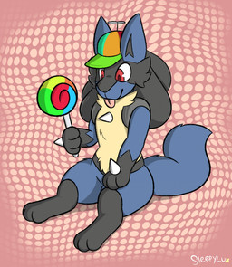 ambiguous_gender anthro black_body black_fur blue_body blue_fur candy chest_spike chest_tuft clothing dessert facial_tuft food fur gloves_(marking) hand_spike hat headgear headwear holding_candy holding_food holding_lollipop holding_object lollipop markings pattern_background pink_background propeller_hat red_eyes simple_background sitting smile solo spikes spikes_(anatomy) tail text tongue tongue_out tuft yellow_body yellow_fur drowzycroaks nintendo pokemon generation_4_pokemon lucario pokemon_(species) artist_name hi_res