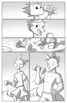 anthro beverage_can biped body_size_growth bottomwear clothed clothing drinking exercise fluffy fluffy_tail footwear growth male muscle_growth muscular muscular_anthro muscular_male shoes size_transformation solo tail topwear transformation weightlifting weights workout conditional_dnp jollyjack dog_fox_(character) canid canine fox mammal 2012 absurd_res comic digital_media_(artwork) hi_res monochrome