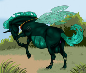 anatomically_correct animal_genitalia animal_vulva big_teats egg equine_ears equine_genitalia equine_tail equine_vulva exoskeleton female female_feral feral forest_background genitals grass_field green_body green_skin holes_in_body hooves horn jewelry mottled mottled_genitalia multicolored_genitals necklace on_hind_legs pregnant pregnant_female pregnant_feral presenting raised_tail scar side_view solo tail teats translucent translucent_belly translucent_wings unicorn_horn vaginal vulva wings alexvalyutin priestofjashin friendship_is_magic hasbro my_little_pony whisperthorn changeling_(mlp) hi_res